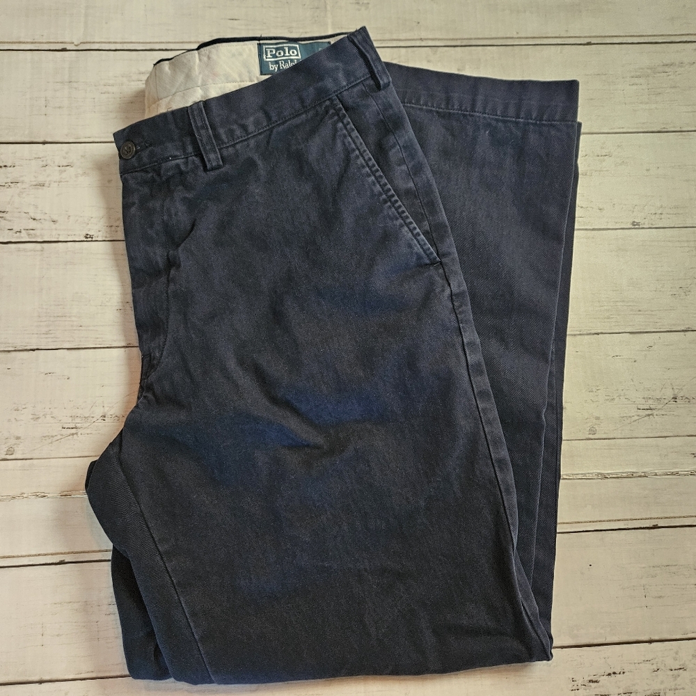 Polo By Ralph Lauren Navy Chinos Classic Fit Cotton 36X30 Flat Front‎